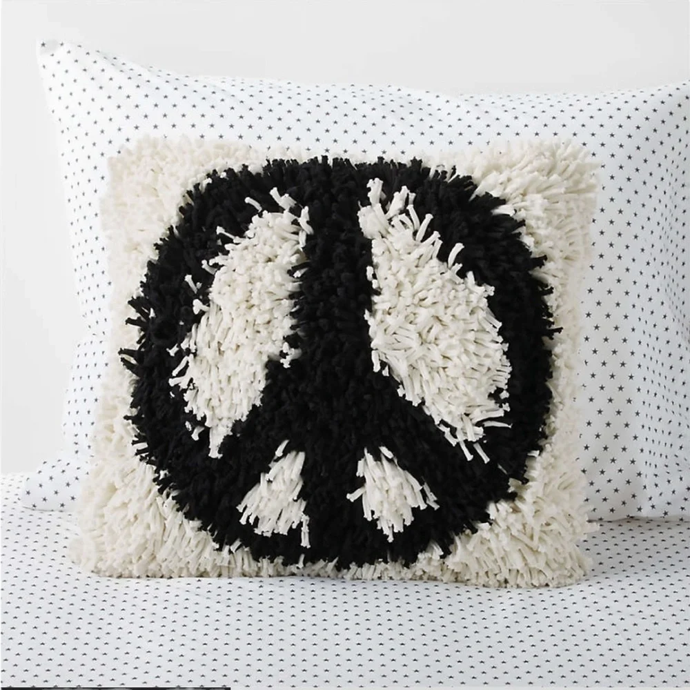 Crate & Kids Shaggy Black and White Peace Sign Throw Pillow